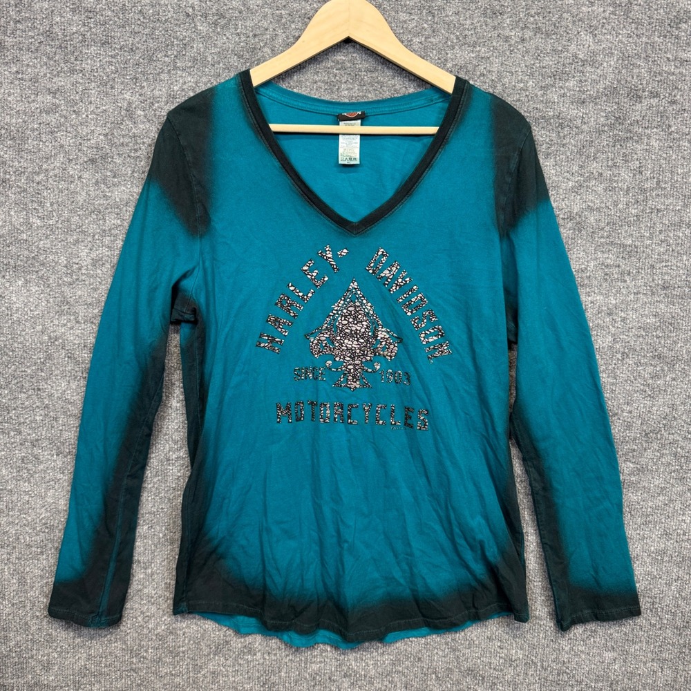 Harley Davidson Size XL Motorcycles Jersey T-Shirt Blue Black Cotton Long Sleeve